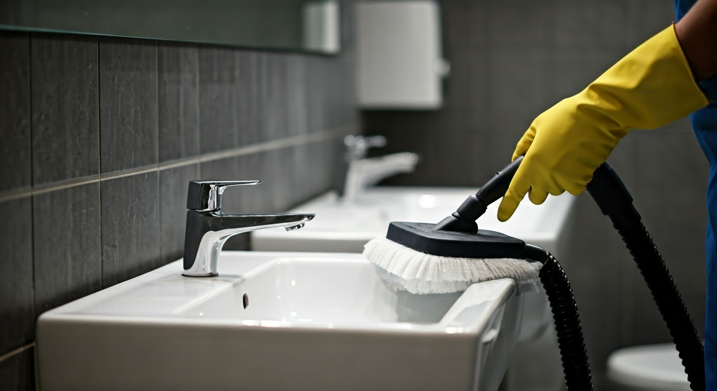 Janitor cleaning restroom with advanced tools